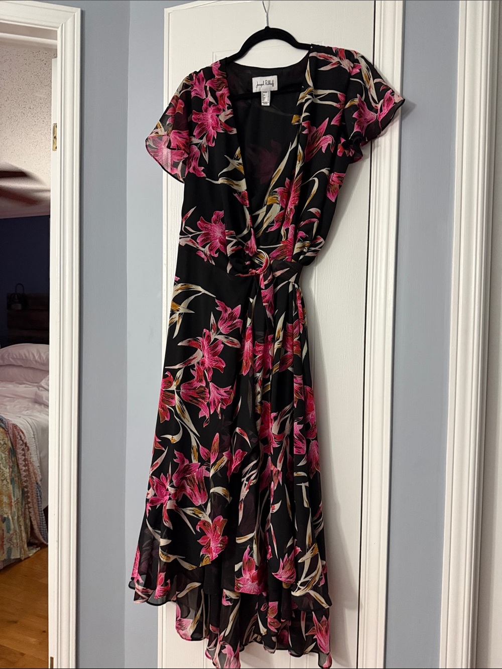 Joseph Ribkoff Black High-Low Wrap Dress with Pink and Cream Floral Print